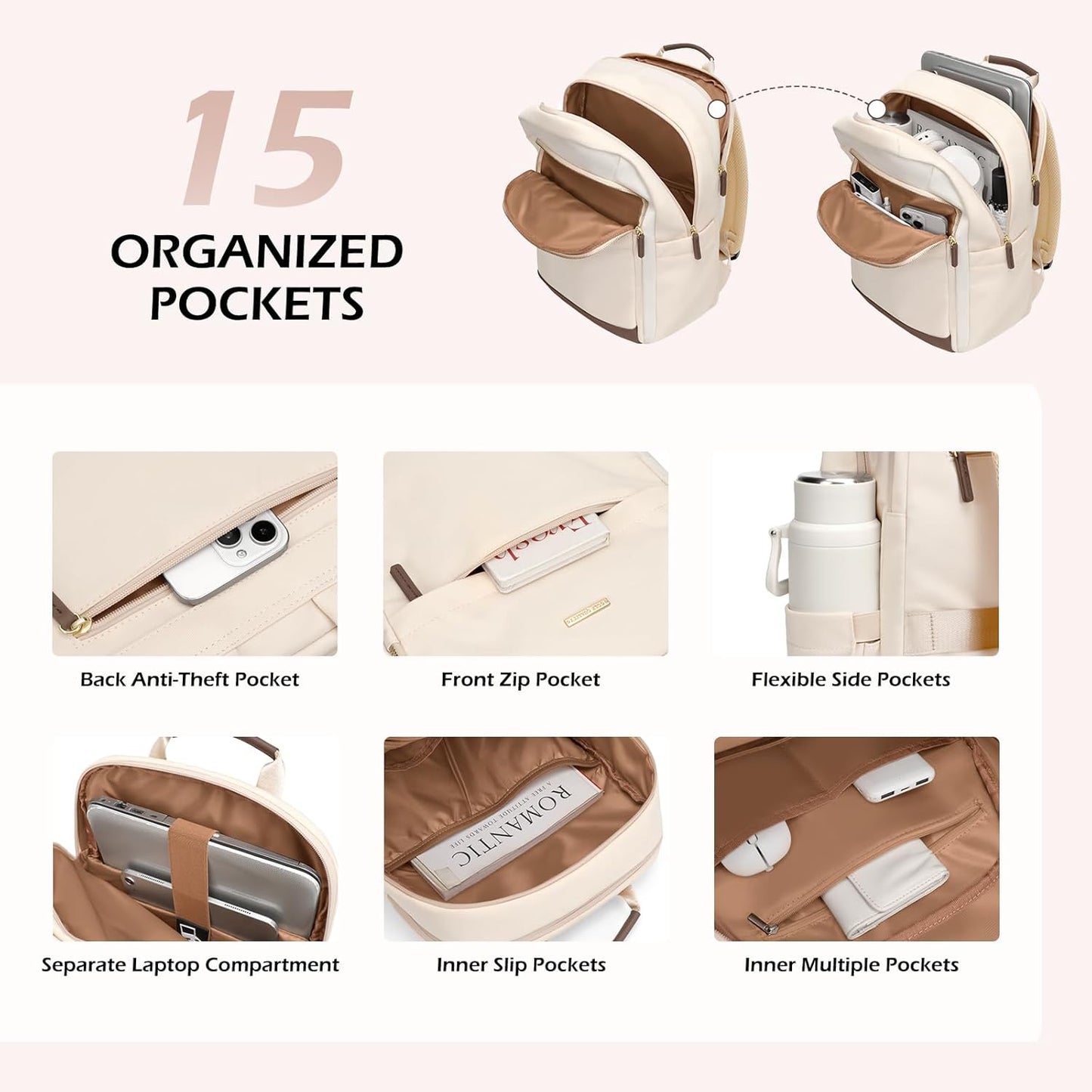 Laptop Backpack for Women Travel Carry On Bag Weekender Business Multilayer Personal Item Backpack,16 Inch,WApricot