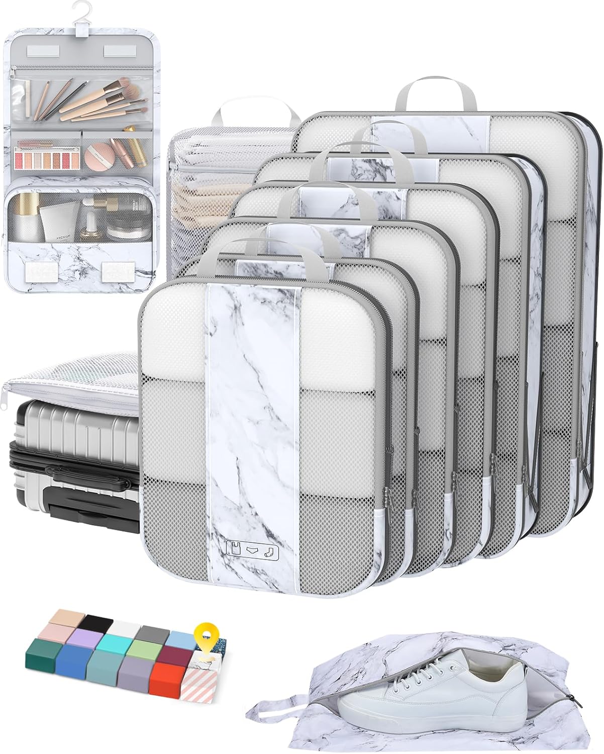 10 Set Compression Packing Cubes for Travel Essentials,Compressible Expandable Packing Cubes for Suitcase,OlarHike Luggage Organizer Bags for Travel,Handy Helper for Organizing Clothes(White Marble)