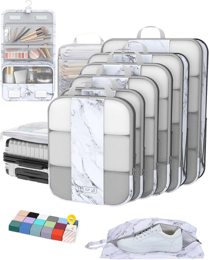 10 Set Compression Packing Cubes for Travel Essentials,Compressible Expandable Packing Cubes for Suitcase,OlarHike Luggage Organizer Bags for Travel,Handy Helper for Organizing Clothes(White Marble)