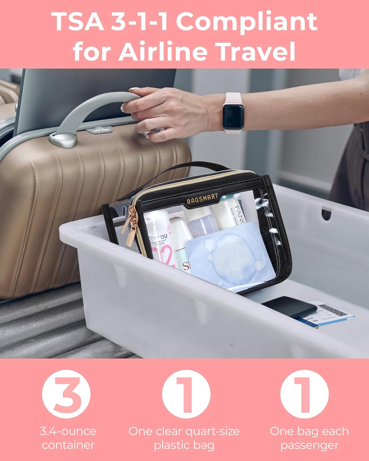 BAGSMART Clear Makeup Bag, TSA Approved Toiletry Bag, Makeup Cosmetic Pouch Bag for Women Quart Size Compliant Bag Organizer for Travel Essentials (Khaki,Pack of 1)