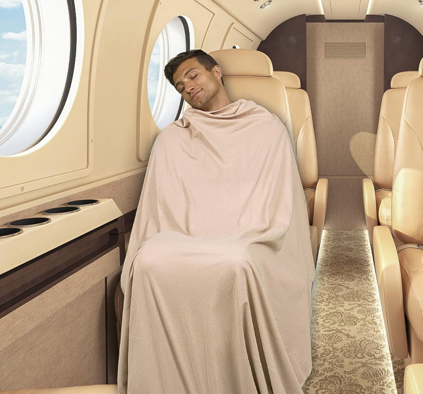 BlueHills Ultra Compact Travel Blanket Pillow for Airplane Traveling Essential Long Flight Trip Throw in Bag Portable Case Large Plane Accessories Beige - C007