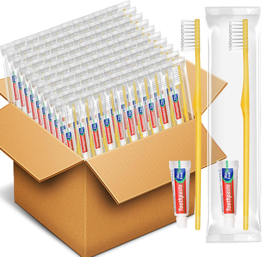 HOFASON Disposable Toothbrushes with Toothpaste Pack of 300, Yellow Hollow Travel Toothbrush Set with 5g Toothpaste Individually Wrapped Toothpaste Bulk for Homeless, Nursing Home, Shelter, Hotel