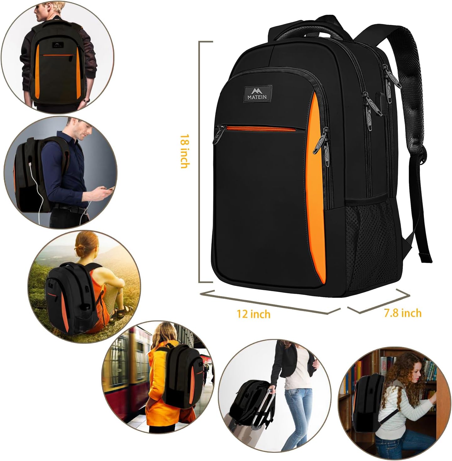 MATEIN Travel Laptop Backpack, Slim Sturdy College Laptops Backpack with USB Charging Port, Business Anti Theft Water Resistant Computer Bag Gift for Men & Women Fits 15.6 Inch Notebook