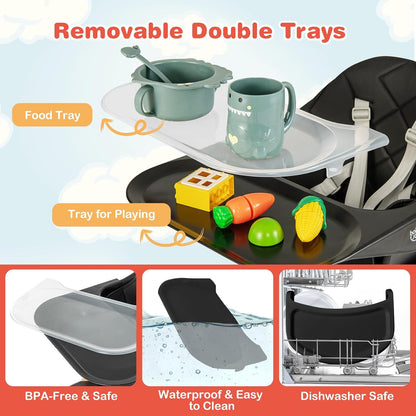 HONEY JOY Baby High Chair, 6 In 1 Convertible Wooden Highchair for Babies and Toddlers/Toddler Chair/Bar Stool, Removable Double Tray & Reversible Footrest, Safety Harness for Infant Boys Girls(Black)