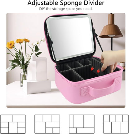 Travel Makeup Bag with LED Mirror Travel Makeup Organizer with 3 Lighted Settings, Adjustable Dividers and Makeup Brush Storage Bag Dark Pink