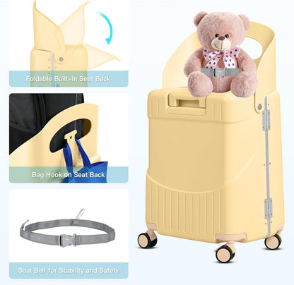 22" Ride-On Luggage with Seat for Kids & Adults, Lightweight Hardside Ride-On Suitcase with Front Opening, TSA Lock, 360° Spinner Wheels, Yellow