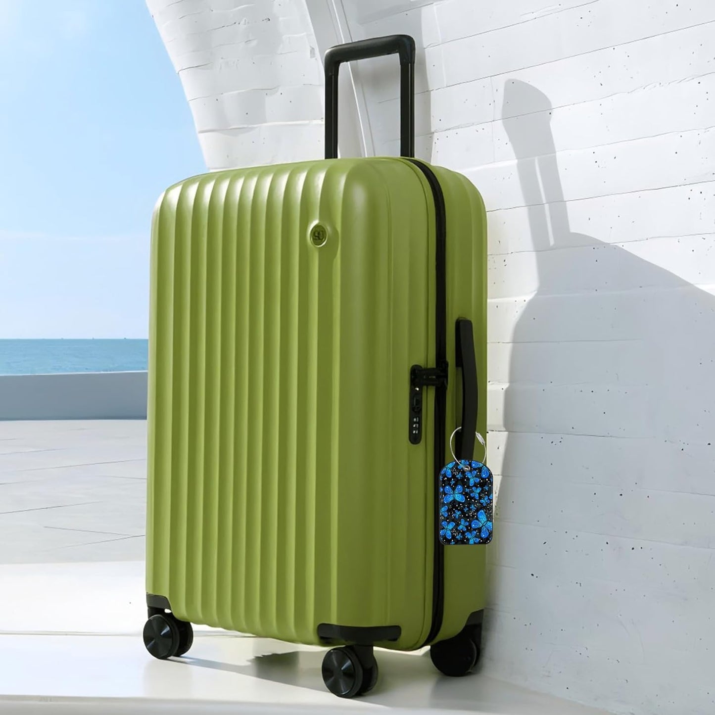 Blue Butterfly Luggage Tag for Suitcase Set of 2 PU Leather Cute Luggage Tags with Stainless Metal Loop ID Label Privacy Flap Suitcase Tags for Women and Men Travel