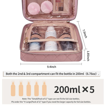 CUBETASTIC Travel Toiletry Bag, Makeup Bag for Women, Small Hanging Travel Bag for Toiletries with 3 Compartment, Portable Cosmetic Organizer Case, Water-resistant, Pink