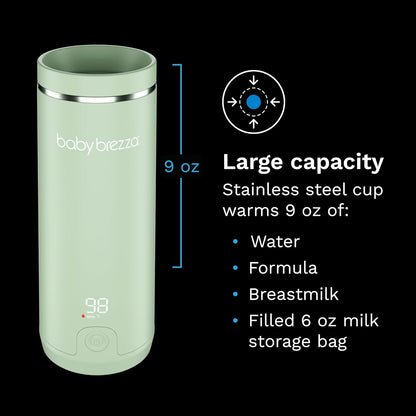 Baby Brezza SuperFast Portable Baby Bottle Warmer – 67% Faster - Travel Breastmilk Warmer and Formula Warmer - Safe, Even Heating - Up to 9oz - No Adapters, Green