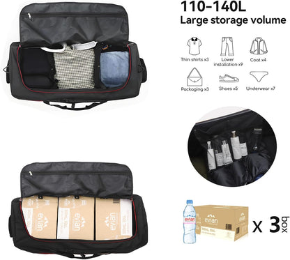 Rolling Duffle Bag with Wheels,110L/140L Expandable Soft-Sided Foldable Duffle Bag with 2 Rubber Wheels,Packable 32” Rolling Carry-On with Multi-Pockets & Compartments (Black Red)