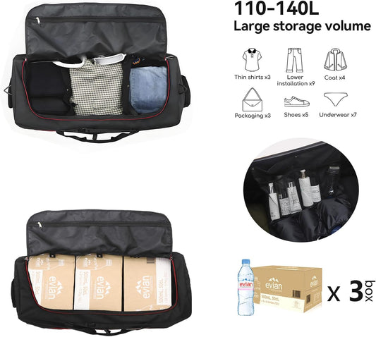 Rolling Duffle Bag with Wheels,110L/140L Expandable Soft-Sided Foldable Duffle Bag with 2 Rubber Wheels,Packable 32” Rolling Carry-On with Multi-Pockets & Compartments (Black Red)