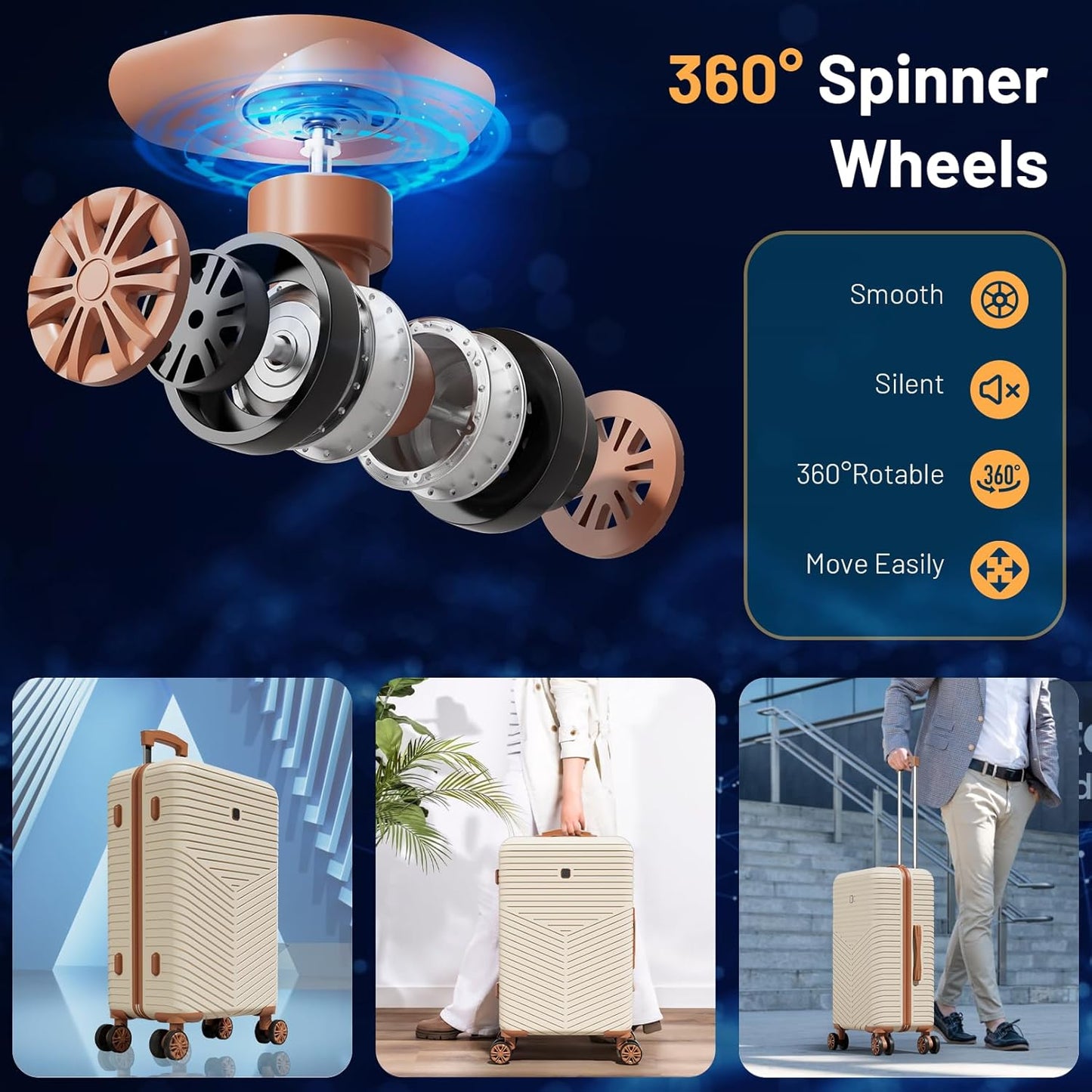 Hoteel 6 Piece Luggage Set (4-YEAR WARRANTY) with Spinner Wheels & TSA Lock, Carry on Luggage Hardshell ABS+PC, Travel Collection Suitcases Sets, Beige(13/20/24/28",Travel Bag,Cosmetic Bag)