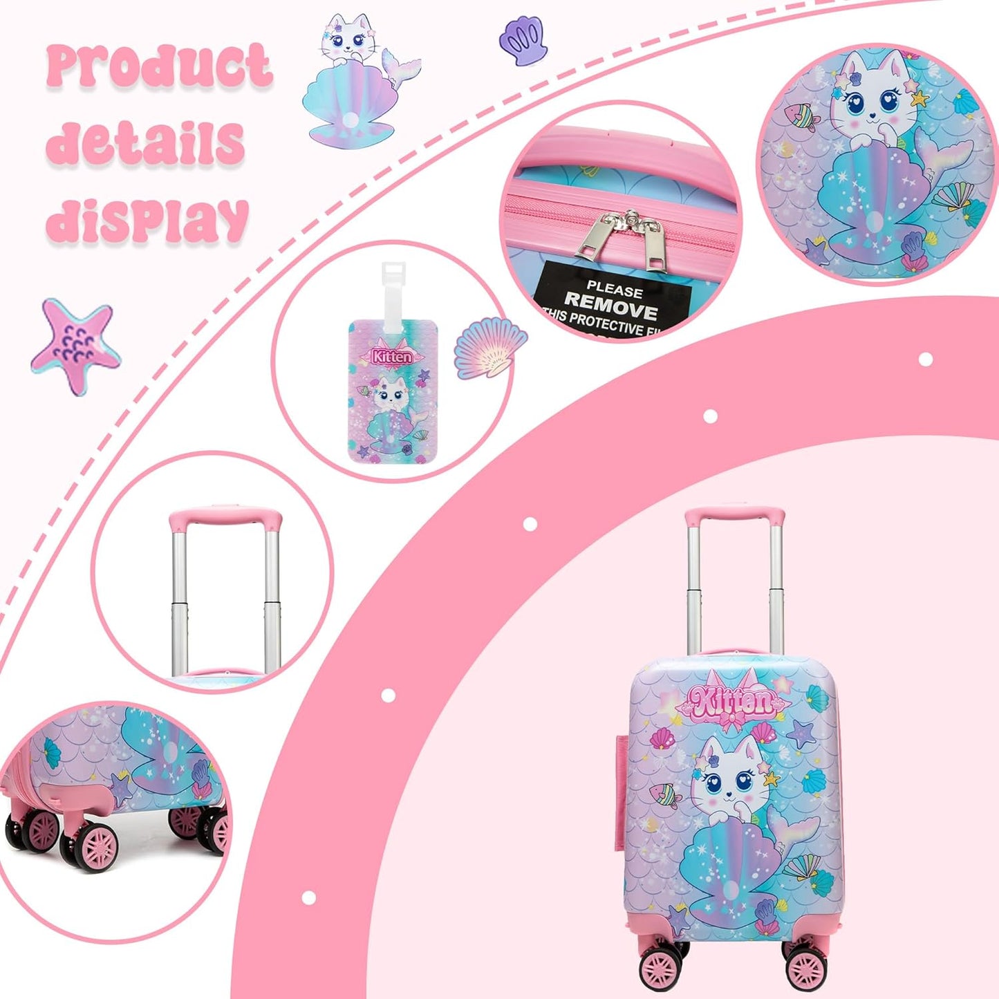 Cute Cat Kid’s Luggage Set 2 Piece Suitcase Set 16" Hardside Luggage with Spinner Wheels Girls Carry on Toddler Travel Rolling Luggage Airline Approved
