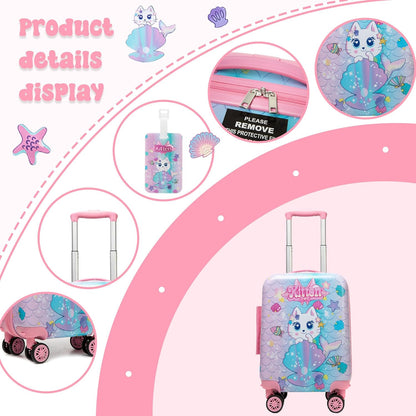 Cute Cat Kid’s Luggage Set 2 Piece Suitcase Set 16" Hardside Luggage with Spinner Wheels Girls Carry on Toddler Travel Rolling Luggage Airline Approved