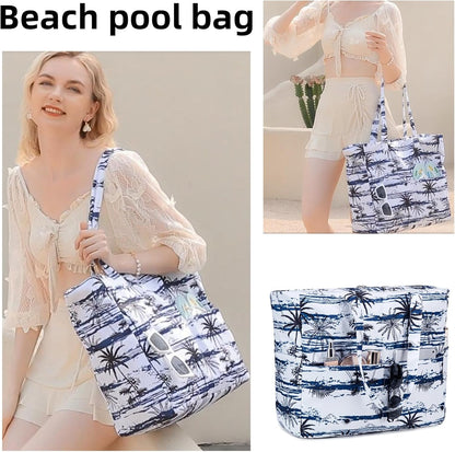 LEDAOU Large Beach Tote Bag Women Waterproof Sandproof Zipper Beach Tote Bag for Pool Gym Grocery Travel with Wet Pocket
