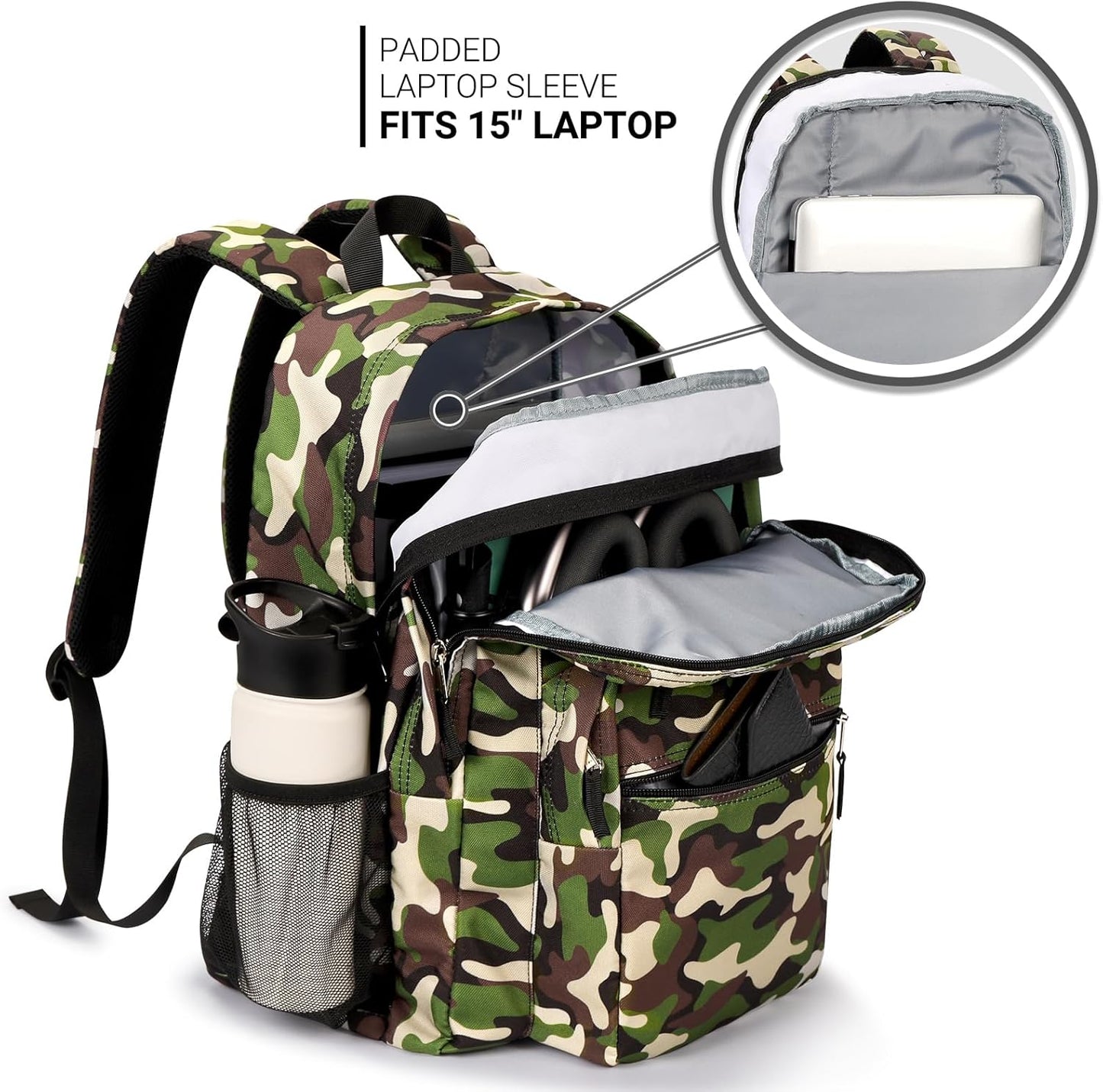 ZORFIN 26L Backpack for College, and Travel: Water Resistant Bookbag - Buckshot Camo
