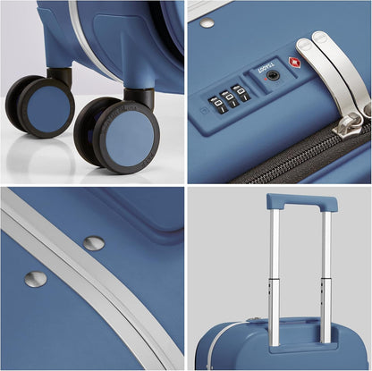 mixi Carry On Luggage, 18” Suitcase with Front Laptop Pocket, Travel Luggage Aluminum Frame PC Hardside with Spinner Wheels & TSA Lock and Cover (Not for Underseat), Sapphire Blue