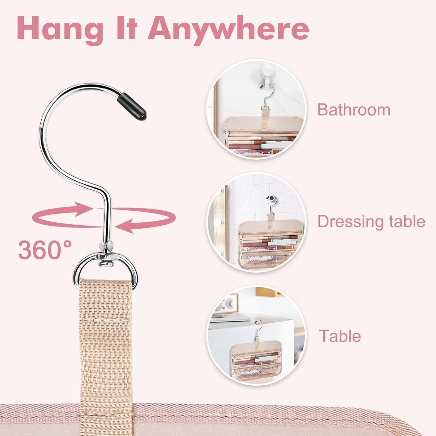 Wedama Toiletry Bag for Women, Large Cosmetic Travel Bag, Hanging Toiletry Bag for Bathroom, PVC Waterproof Makeup Bag, Toiletries Bag for Travel Business Trips and Camping, Black+Pink Floral