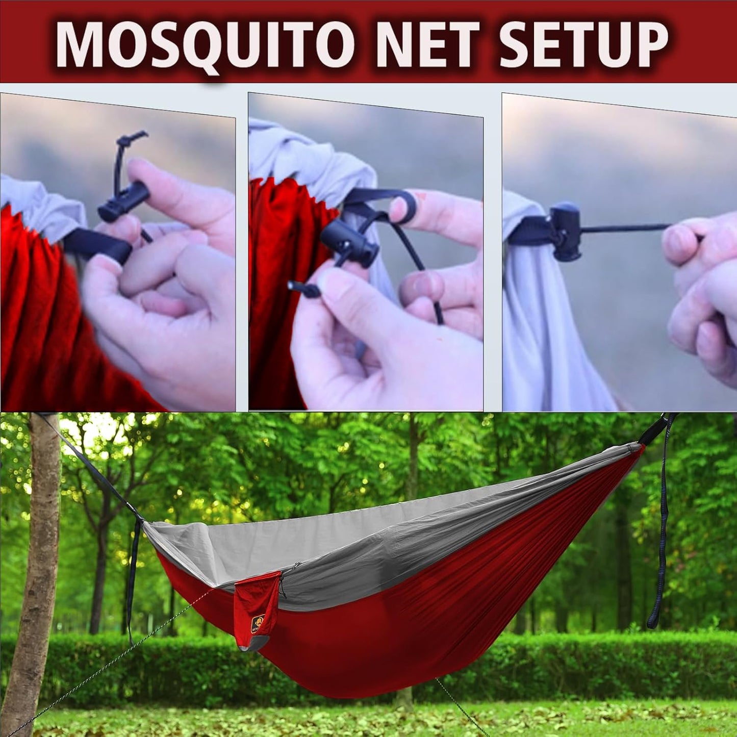 Camping Hammock, Portable Hammocks with Mosquito Net,Lightweight Nylon Parachute Hammock with 10ft Tree Straps,Camping Gear Must Haves for Travel Hiking Backpacking Beach Patio-Red&Grey