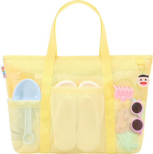 Tagitary Mesh Beach Bag with Zipper Large Beach Tote Waterproof Sandproof with 8 Pockets for Toys Pool Bag Beach Accessories