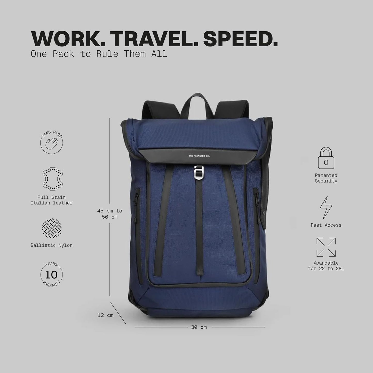 The Frenchie Co. - Work/Travel Speed Backpack - Expandable 23 to 30 liters - Laptop compartment with anti-theft magnetic closure - Ballistic nylon durable construction