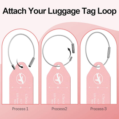 4 PCS Personalized Metal Luggage Tag – Personalized Engraved Suitcase Tag, Backpack Tag, with Matching Color Strap, Waterproof Suitcase Name Badge – Ideal Corporate Gift & Travel Accessory (Pink)