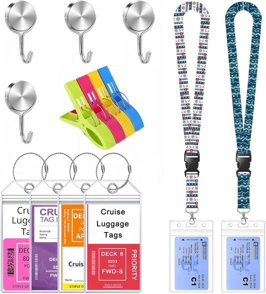 Cruise Ship Essentials, Magnetic Hooks for Cruise Cabins, Cruise Lanyard for Ship Cards, Cruise Luggage Tag Holder, Towel Clips for Chairs Cruise, Cruise Essentials 2025 for All Cruise Lines