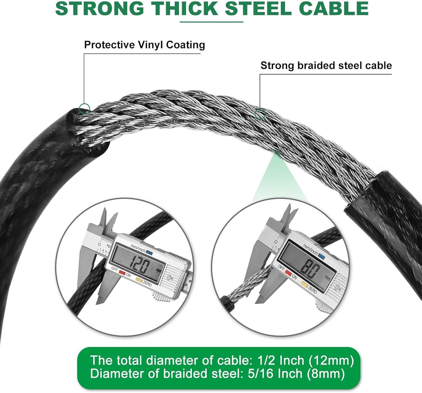 7 ft x 1/2" Heavy Duty Cut-Proof Security Cable | Flexible Vinyl-Coated Braided Steel with Looped Ends | Weatherproof Anti-Theft Locking Cable for Bikes, Gates, Kayaking & Outdoor Equipment
