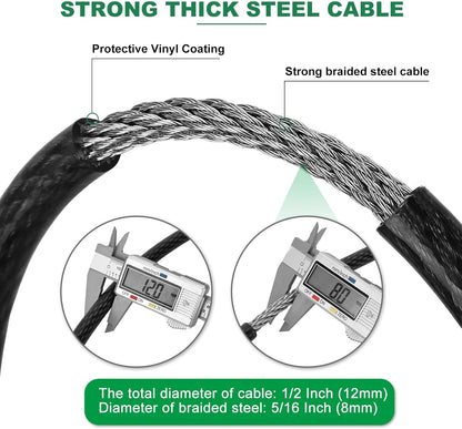 7 ft x 1/2" Heavy Duty Cut-Proof Security Cable | Flexible Vinyl-Coated Braided Steel with Looped Ends | Weatherproof Anti-Theft Locking Cable for Bikes, Gates, Kayaking & Outdoor Equipment