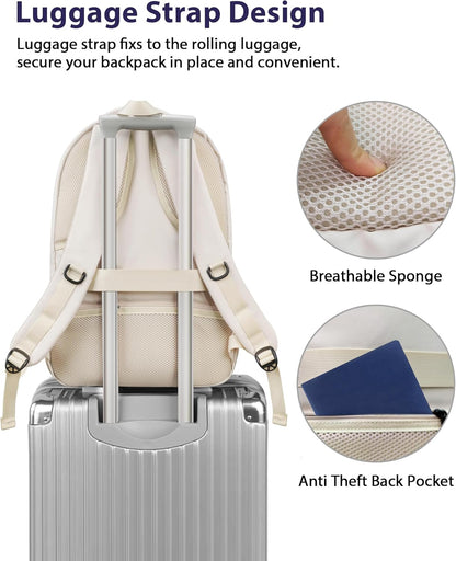 MATEIN Extra Large Travel Backpack for Women, 18 Inch TSA College Backpack with Multiple Pockets and USB Charging Port, 50 L Business Work Carry On Computer Bags, Cream Beige