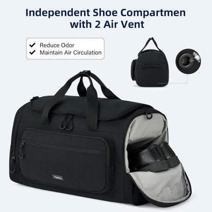 Large Travel Duffle Gym Bag with Shoe Compartment, Underseat Carry On Luggage Overnight Weekender Personal Item Workout Bags for Women Men (Black)