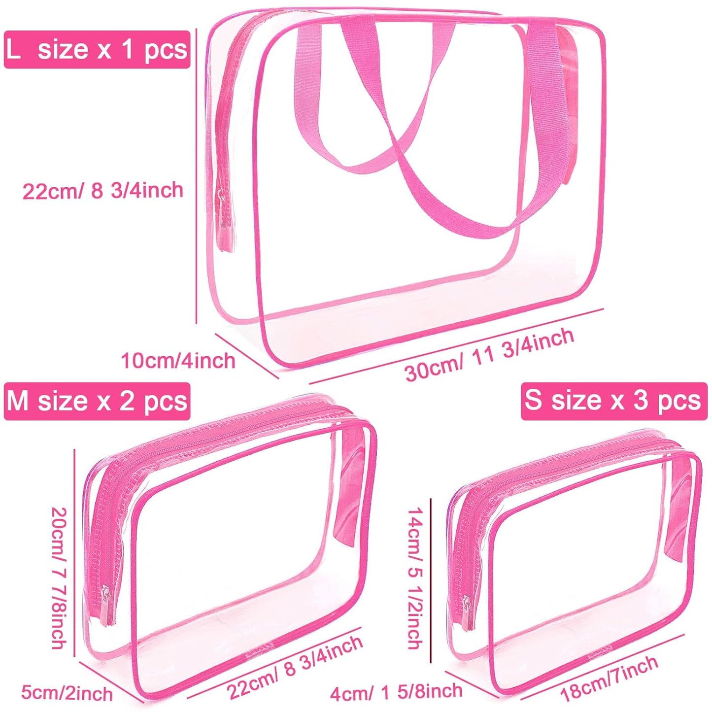 APREUTY Clear Makeup Bags, TSA Approved 6 Pcs Cosmetic Makeup Bags Set Clear PVC with Zipper Handle Portable Travel Luggage Pouch Airport Airline Vacation Organization (Rose Red)
