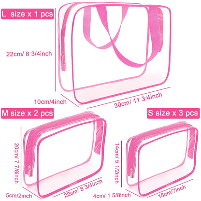 APREUTY Clear Makeup Bags, TSA Approved 6 Pcs Cosmetic Makeup Bags Set Clear PVC with Zipper Handle Portable Travel Luggage Pouch Airport Airline Vacation Organization (Rose Red)