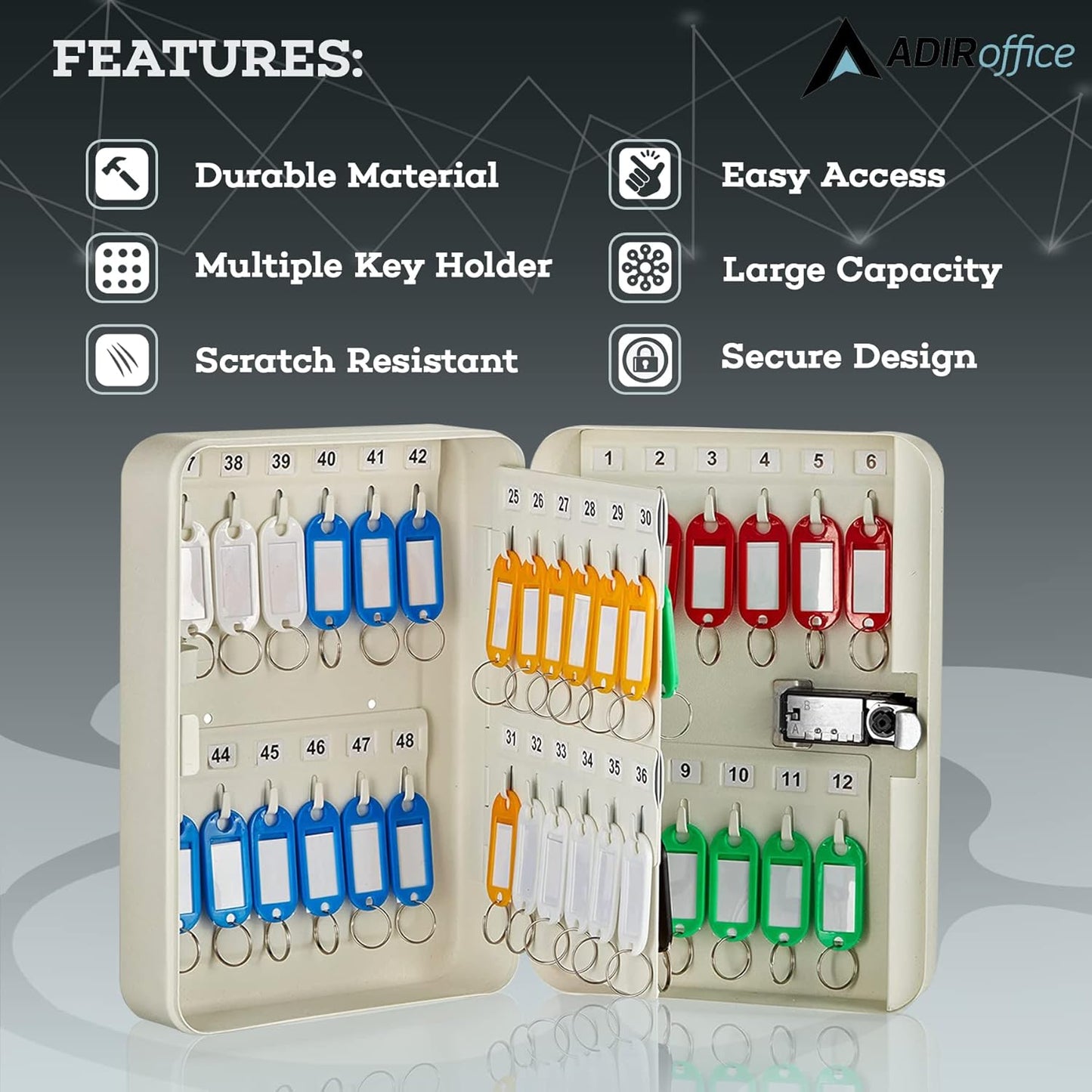 AdirOffice Key Lock Box – 48 Key Hooks Wall Mounted Key Cabinet Lock Box, Car Keys Holder Box, Lockable Key Storage Box - Metal Key Box Organizer with for Home and Office