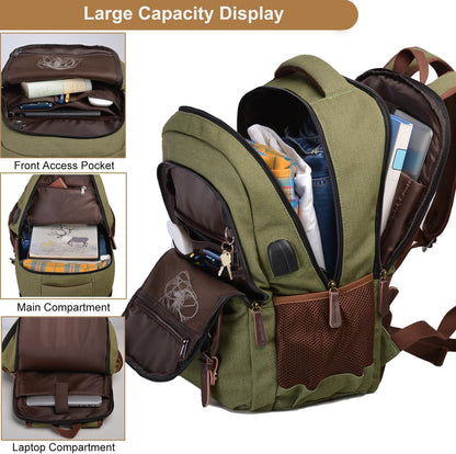 Mactso Canvas Travel Laptop Backpack for Men Women, Business Work Rucksack College School Computer Bag Fits 15.6 Inch Notebook,Bookbag with USB Charging Port (Green, 15.6 Inch)