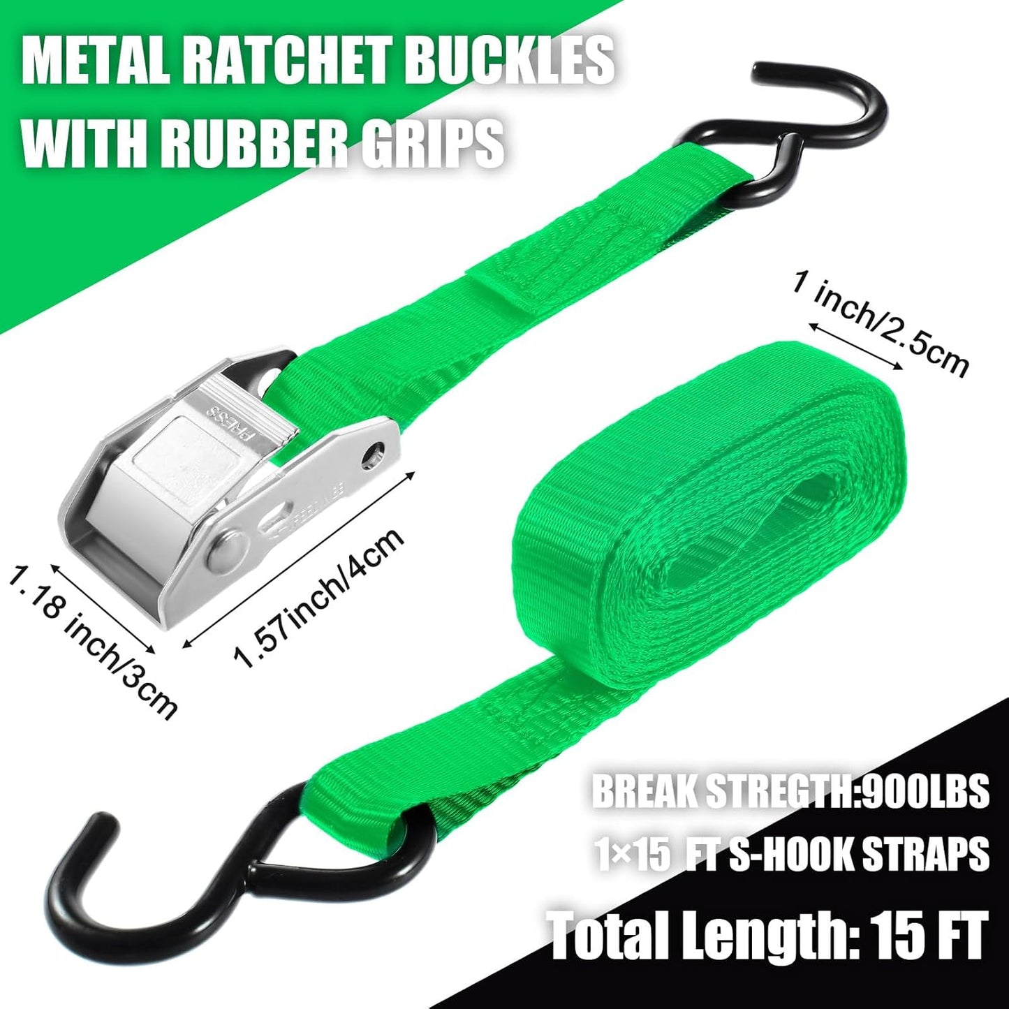 16 Pcs Cambuckle Tie Down Straps 1763lbs Break Strength Securing Straps 1'' x 15 ft Cambuckle Tie Downs with S Hook for Motorcycle, Kayak, Car, Truck, Boat Moving, Securing Cargo(Green)
