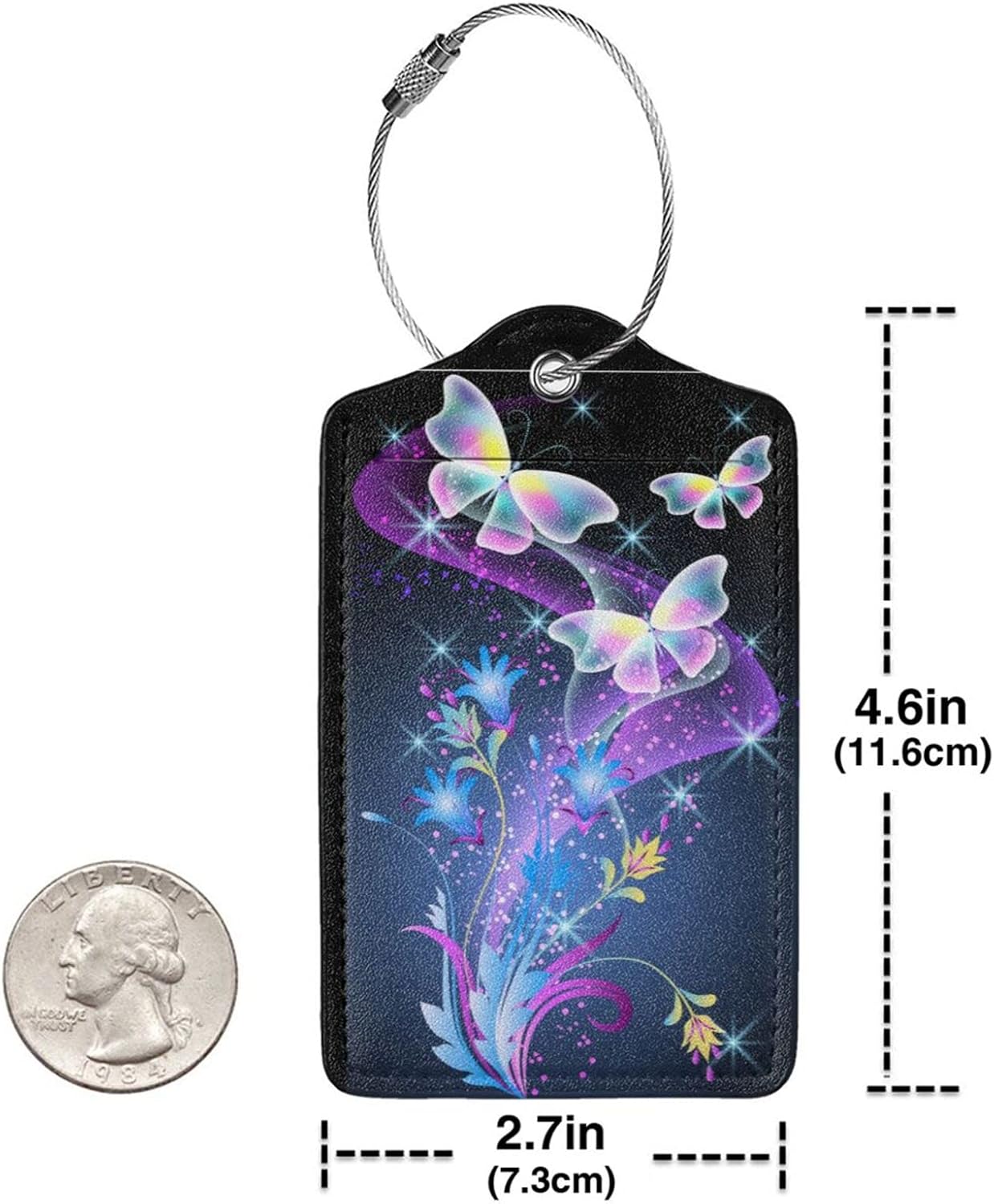 2Pcs Glowing Flowers and Butterfly Luggage Tags, Colorful Fancy Name ID Identifier Labels for Suitcase Baggage Travel Bag, Shine Aesthetic Leather Bag Tags with Full Privacy Cover