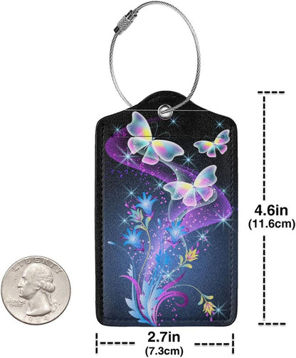 2Pcs Glowing Flowers and Butterfly Luggage Tags, Colorful Fancy Name ID Identifier Labels for Suitcase Baggage Travel Bag, Shine Aesthetic Leather Bag Tags with Full Privacy Cover