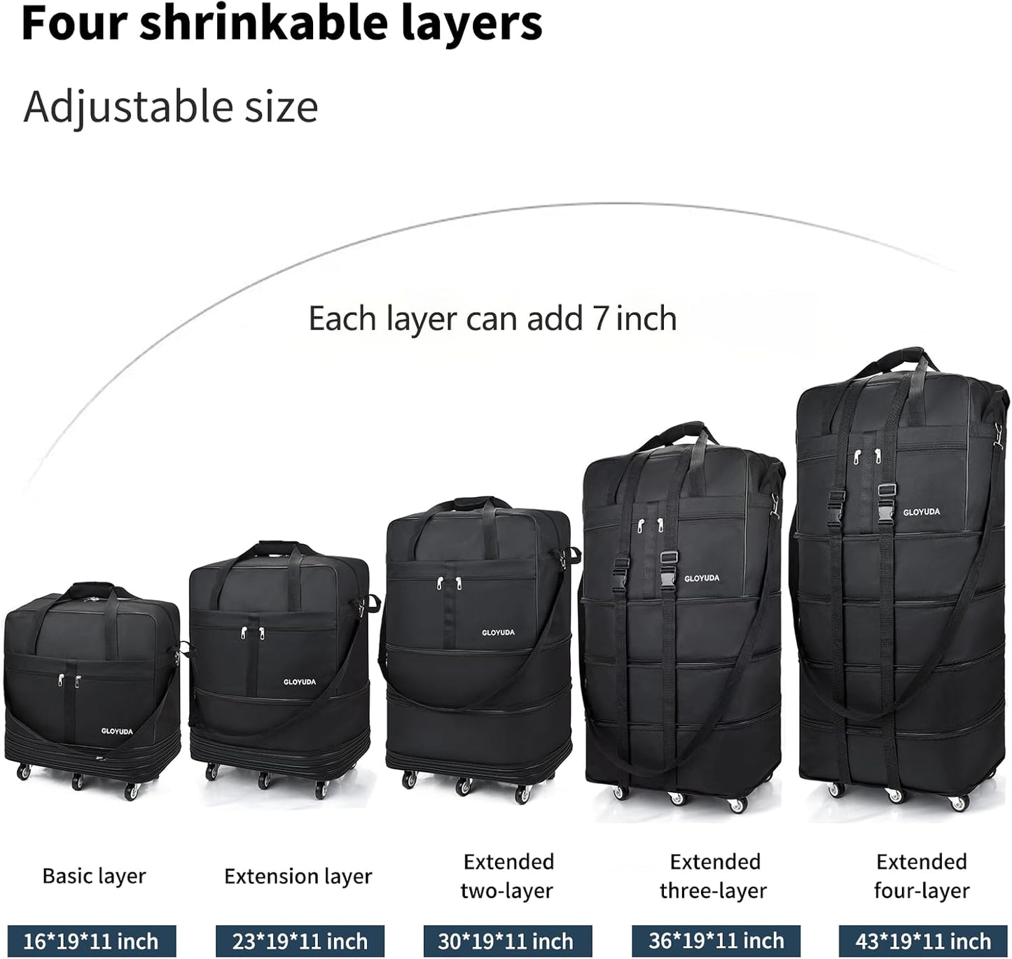 Expandable Foldable Luggage, 42'' Suitcase With Spinner Wheels, Rolling Duffle Bag with Wheels and Handle, Collapsible Luggage With 2 Handle Wrap and 2Fixing Straps1Shoulder Strap (Jet Black)