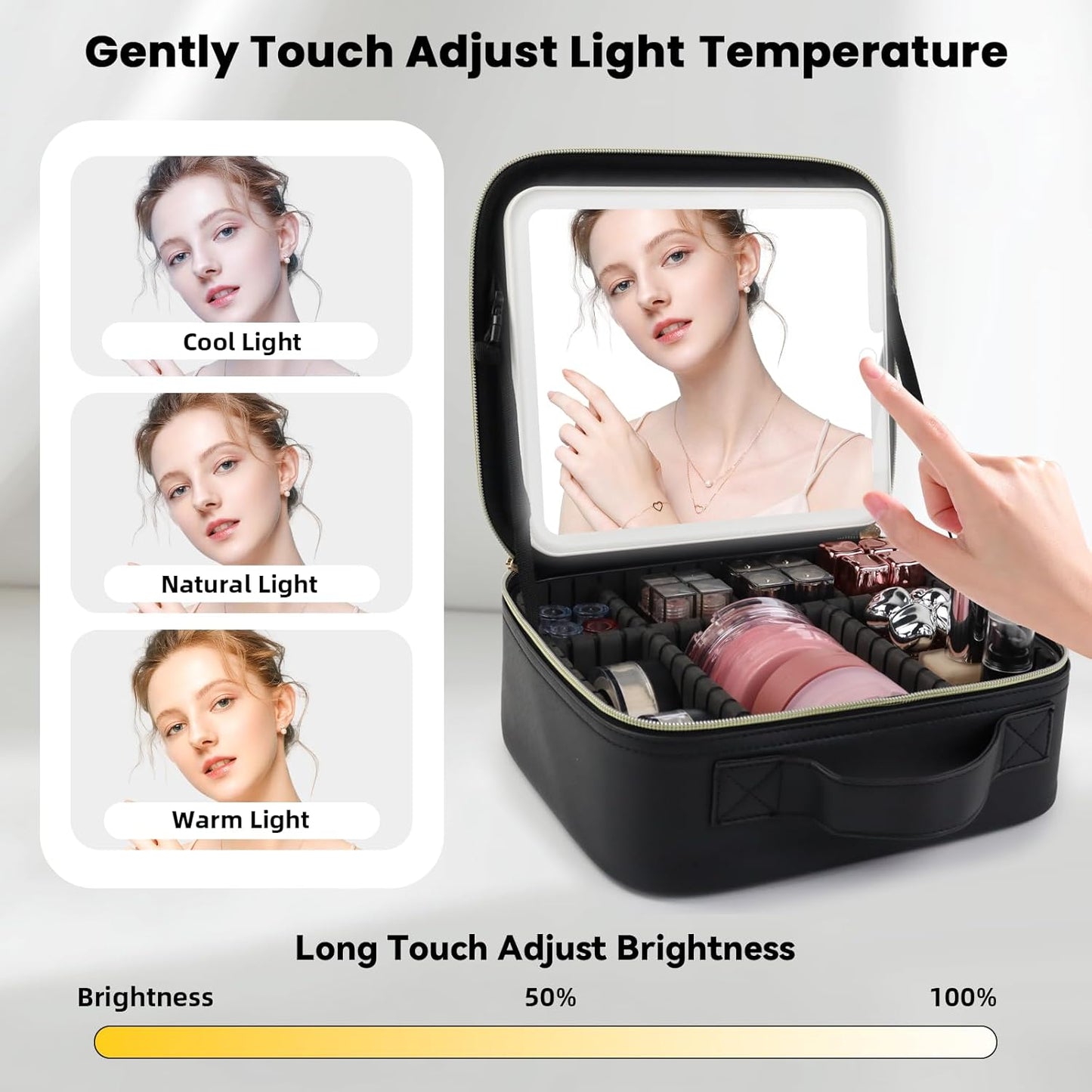 Travel Makeup Bag with LED Mirror and Light Travel Makeup Case Cosmetic Organizer Portable Cosmetic Brush Organizer Bag with Adjustable Dividers for Cosmetics Makeup Brushes Toiletry (Black)
