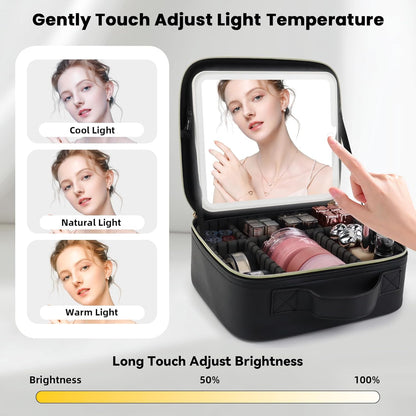 Travel Makeup Bag with LED Mirror and Light Travel Makeup Case Cosmetic Organizer Portable Cosmetic Brush Organizer Bag with Adjustable Dividers for Cosmetics Makeup Brushes Toiletry (Black)