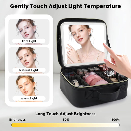 Travel Makeup Bag with LED Mirror and Light Travel Makeup Case Cosmetic Organizer Portable Cosmetic Brush Organizer Bag with Adjustable Dividers for Cosmetics Makeup Brushes Toiletry (Black)