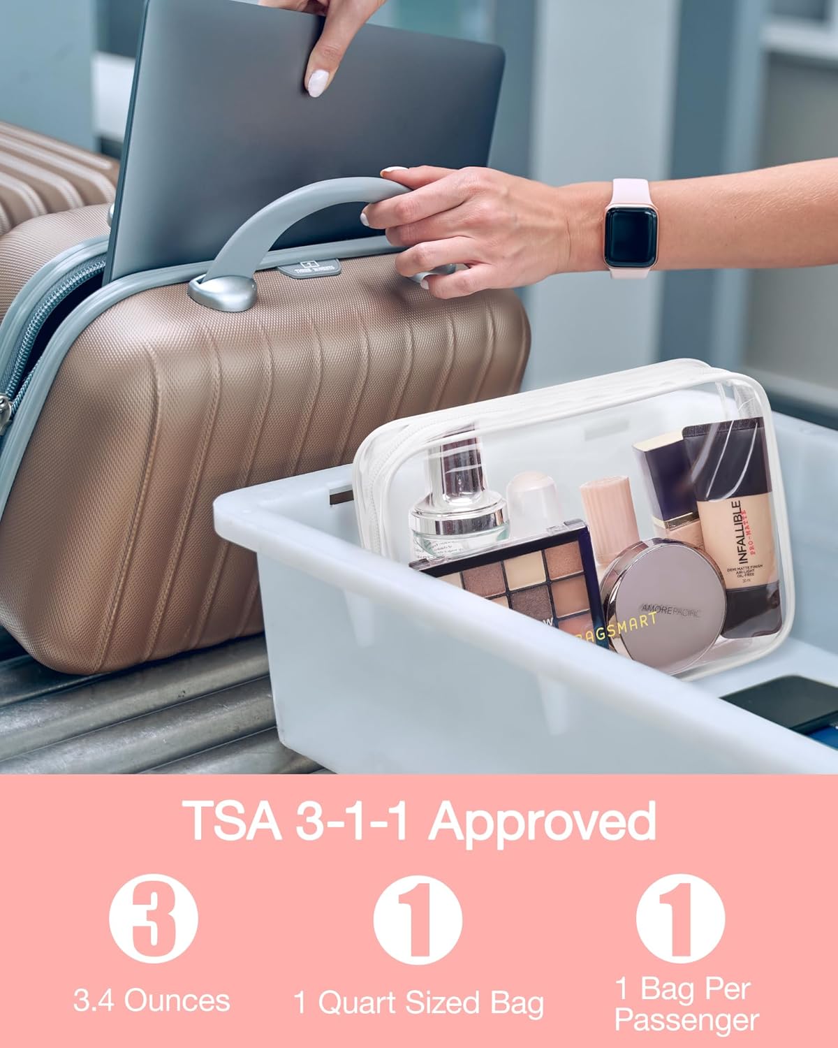 BAGSMART Clear Toiletry Bag, 2 Packs TSA Approved Water Resistant Quart Size Travel Organizer, Airport Airline Travel Essential Carry On Makeup Cosmetic Bags for Women, White