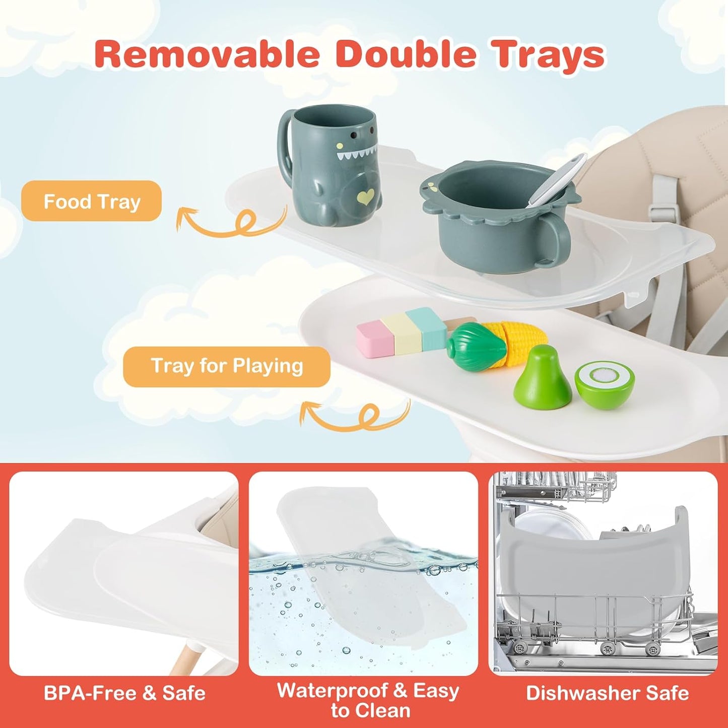 HONEY JOY Baby High Chair, 6 in 1 Convertible Wooden Highchair for Babies and Toddlers/Chair/Bar Stool, Removable Double Tray & Reversible Footrest, Safety Harness for Infant Boys Girls (Beige)