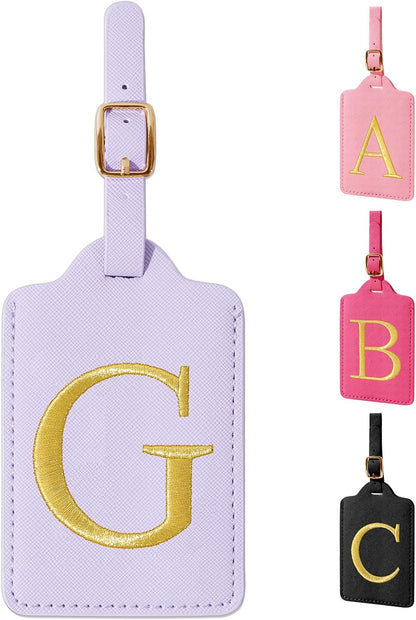 Personalized Initial Luggage Tags for Suitcase, Purple Leather Cute Luggage Tags with Privacy Cover Name Card, Embroidered Custom Monogrammed Luggage Tag Travel Backpack Tags Gifts for Women Kids(G)