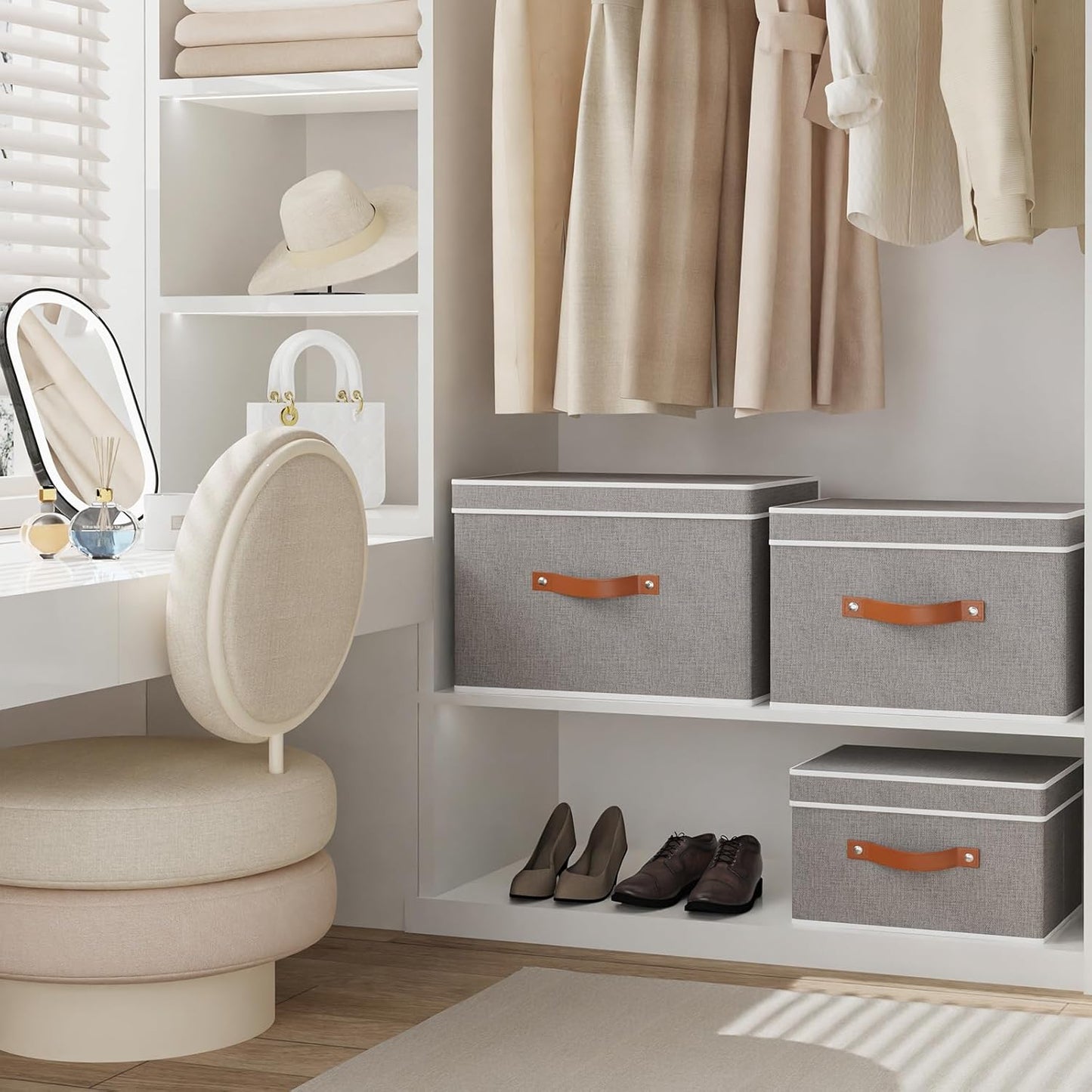 Fabric Storage Bins with Lids, Linen Foldable Clothes Boxes, Closet Organizer Containers with Double Handles, Baskets for Bedroom, Grey, 1 Pack, 13 x 9.1 x 7.9 Inch