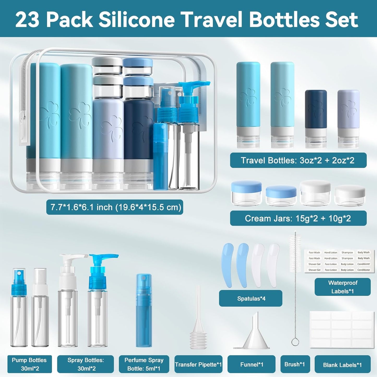 INSFIT Travel Bottles for Toiletries 23pack, TSA Approved Travel Size Toiletries, Airplane Essentials for Creams, Shampoo, Cosmetic Liquids