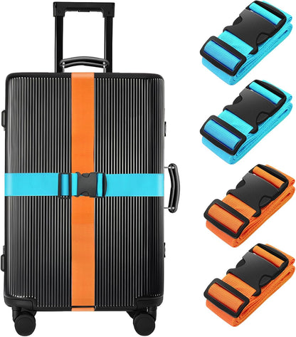 BILIONE 4 Pack Luggage Straps 79" Long Belts Keep Suitcase Secure While Traveling, TSA Approved Add a Bag Premium Accessory for Travel Bag Closure (2PCS Blue + 2PCS Orange)