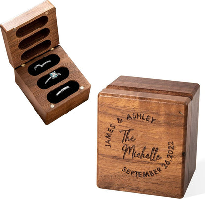 Custom Engraving Ring Gift Box Wooden Presentation Jewelry Box Case with 3 Ring Slots for Proposal Engagement Wedding Ceremony Birthday Gift