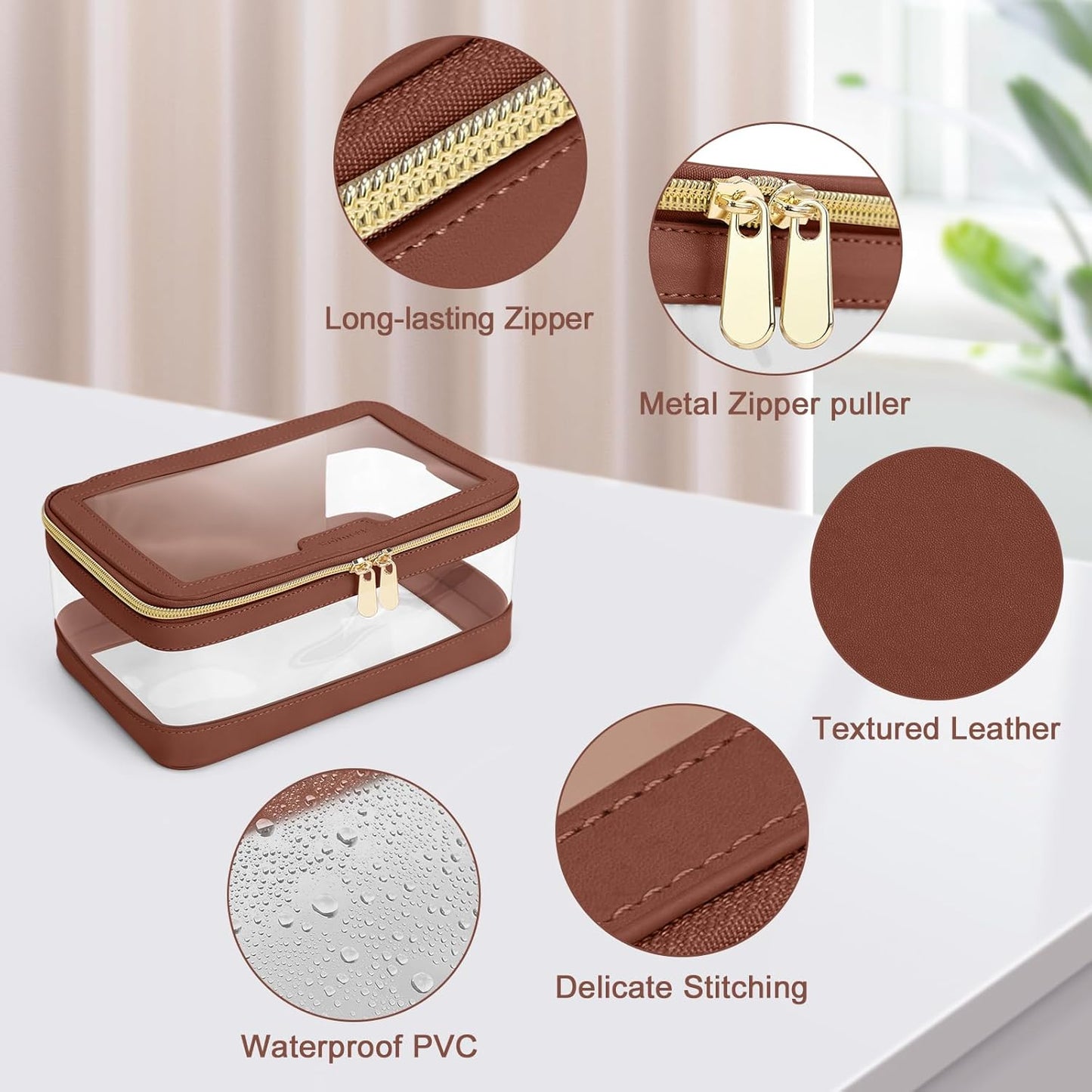 Travel Clear Makeup Bag with Makeup Brush Bag, Leather Makeup Case Toiletry Bag, Portable Cosmetic Bag Case, Transparent Waterproof Cosmetic Organizer Storage Bag for Women, Brown